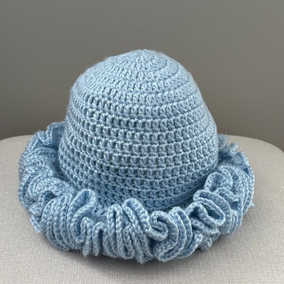 Crochet Ruffle Edge Hat Toque Light Blue - Picture 2 of 6